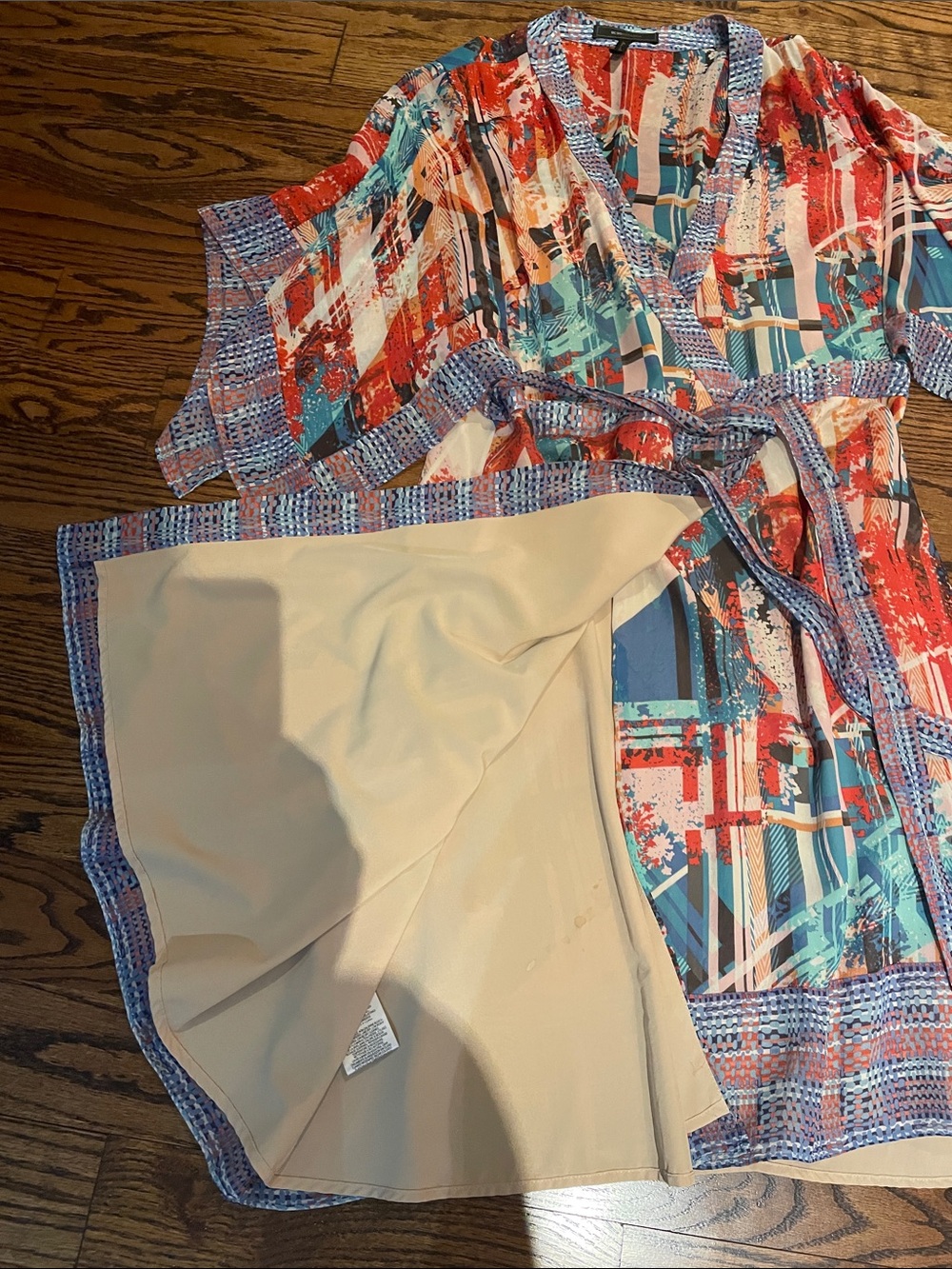 BCBGMaxAzria Red, Teal, Blue & Cream Midi Wrap Dress - 100% silk - Picture 9 of 10